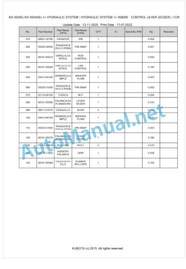 Kubota KH-35, KH-35KE, KH-35H, KH-35HKE Parts Manual PDF BKIDA0016-4