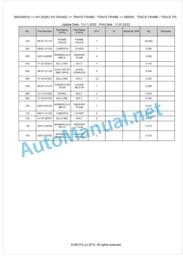 Kubota KH-35, KH-35KE, KH-35H, KH-35HKE Parts Manual PDF BKIDA0016-5