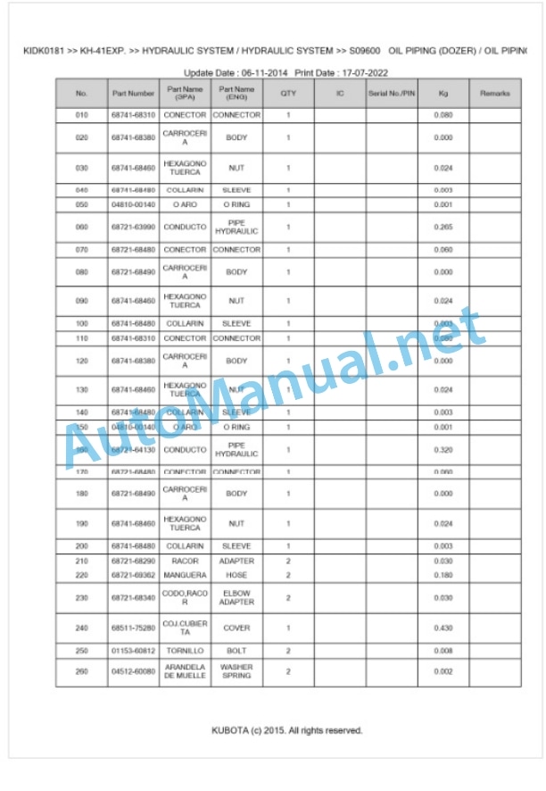 Kubota KH-41EXP. Parts Manual PDF BKIDK0181-4