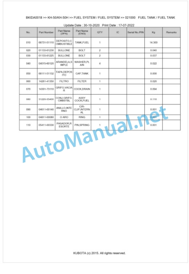 Kubota KH-50, KH-50H Parts Manual PDF BKIDA0018-2