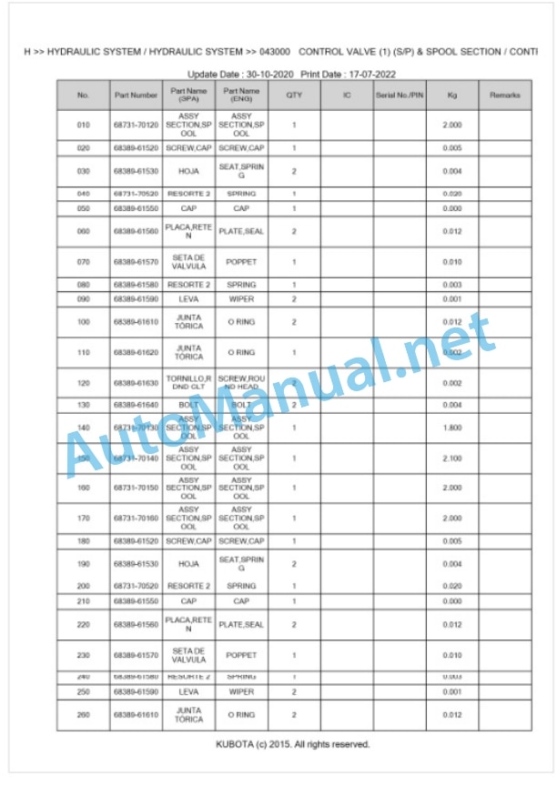 Kubota KH-50, KH-50H Parts Manual PDF BKIDA0018-3