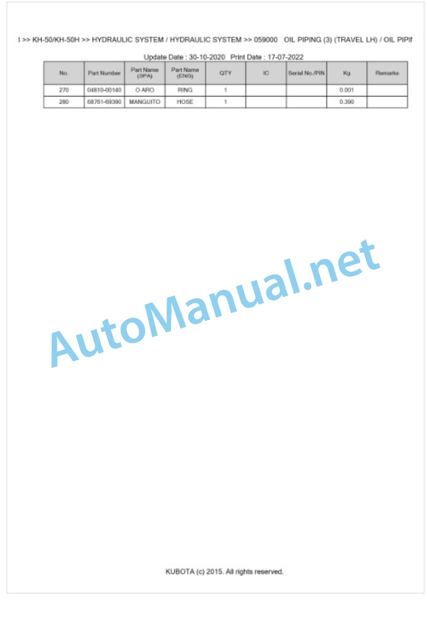 Kubota KH-50, KH-50H Parts Manual PDF BKIDA0018-4