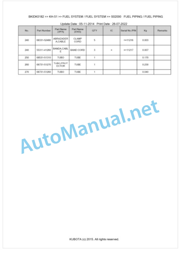 Kubota KH-51 Parts Manual PDF BKIDK0182-2