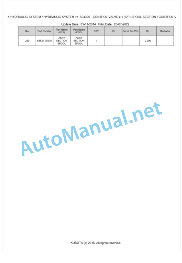 Kubota KH-51 Parts Manual PDF BKIDK0182-3