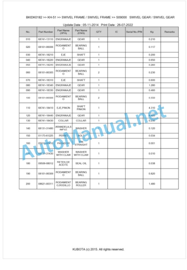 Kubota KH-51 Parts Manual PDF BKIDK0182-5