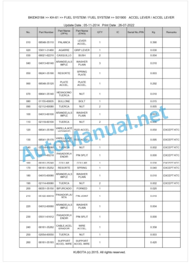 Kubota KH-61 Parts Manual PDF BKIDK0184-2