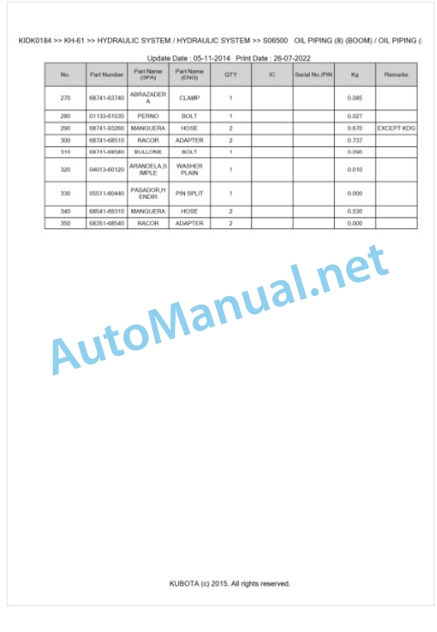 Kubota KH-61 Parts Manual PDF BKIDK0184-4