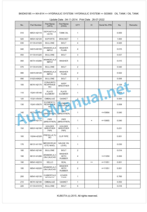 Kubota KH-61H Parts Manual PDF BKIDK0185-3