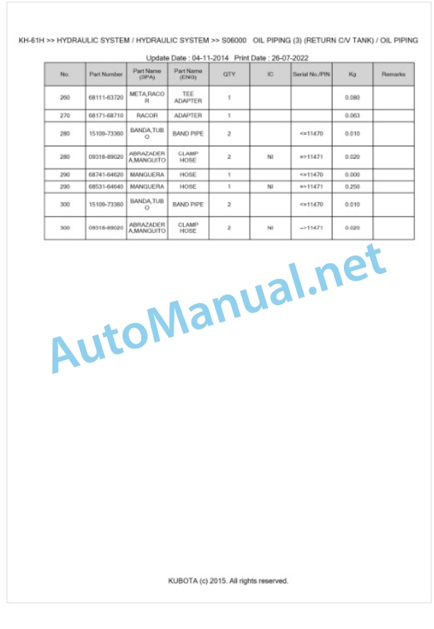 Kubota KH-61H Parts Manual PDF BKIDK0185-4