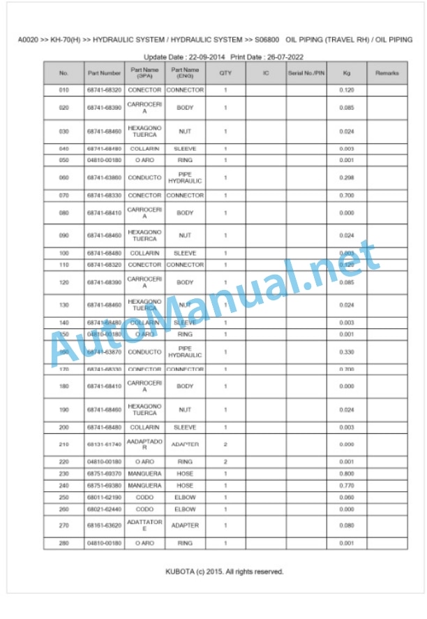 Kubota KH-70(H) Parts Manual PDF BKIDA0020-4