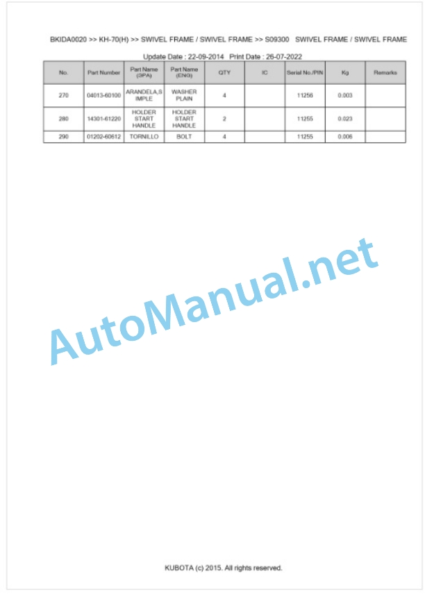 Kubota KH-70(H) Parts Manual PDF BKIDA0020-5