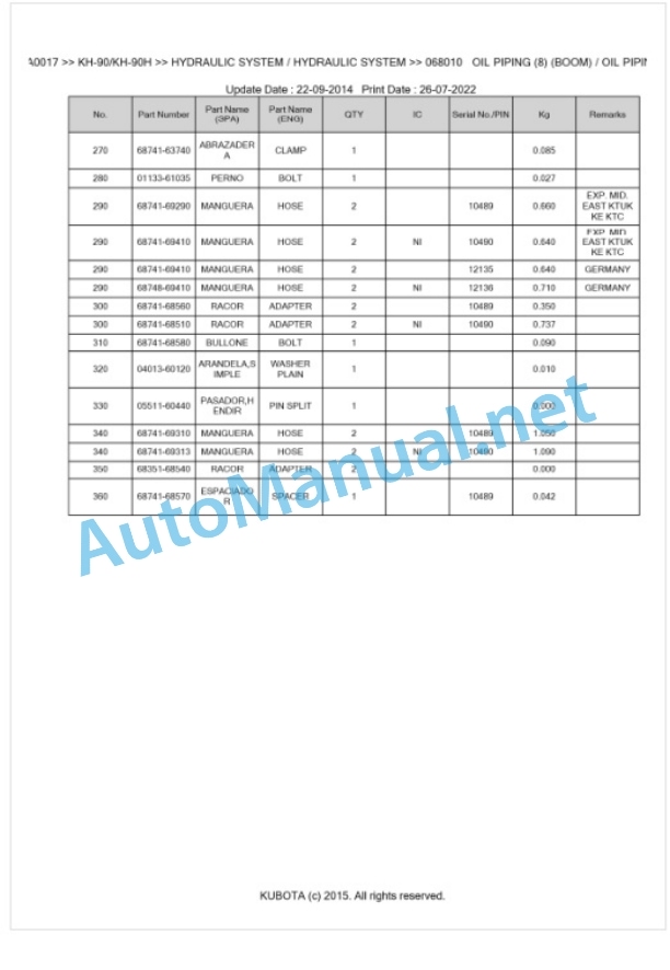 Kubota KH-90, KH-90H Parts Manual PDF BKIDA0017-4