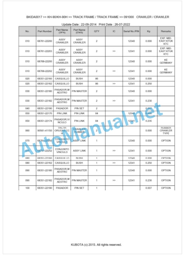 Kubota KH-90, KH-90H Parts Manual PDF BKIDA0017-5