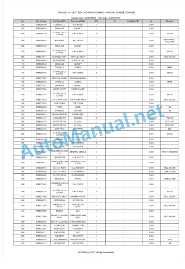 Kubota KHT23D Parts Manual PDF BKIDA5116-2