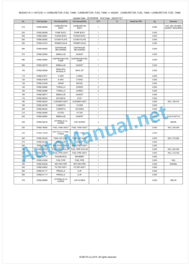 Kubota KHT23D Parts Manual PDF BKIDA5116-3