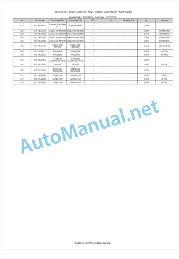 Kubota KR250 Parts Manual PDF BKIDE5273-2