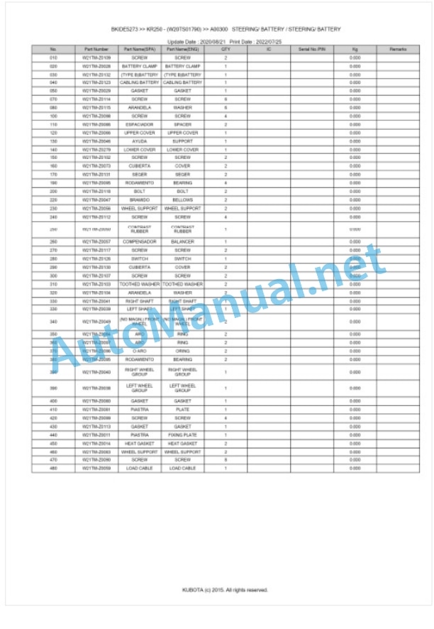 Kubota KR250 Parts Manual PDF BKIDE5273-4