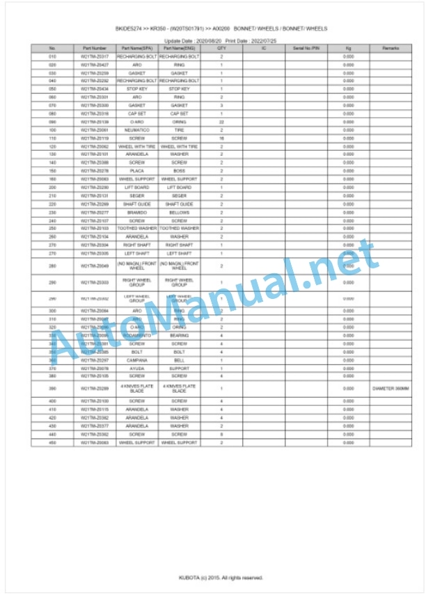 Kubota KR350 Parts Manual PDF BKIDE5274-3