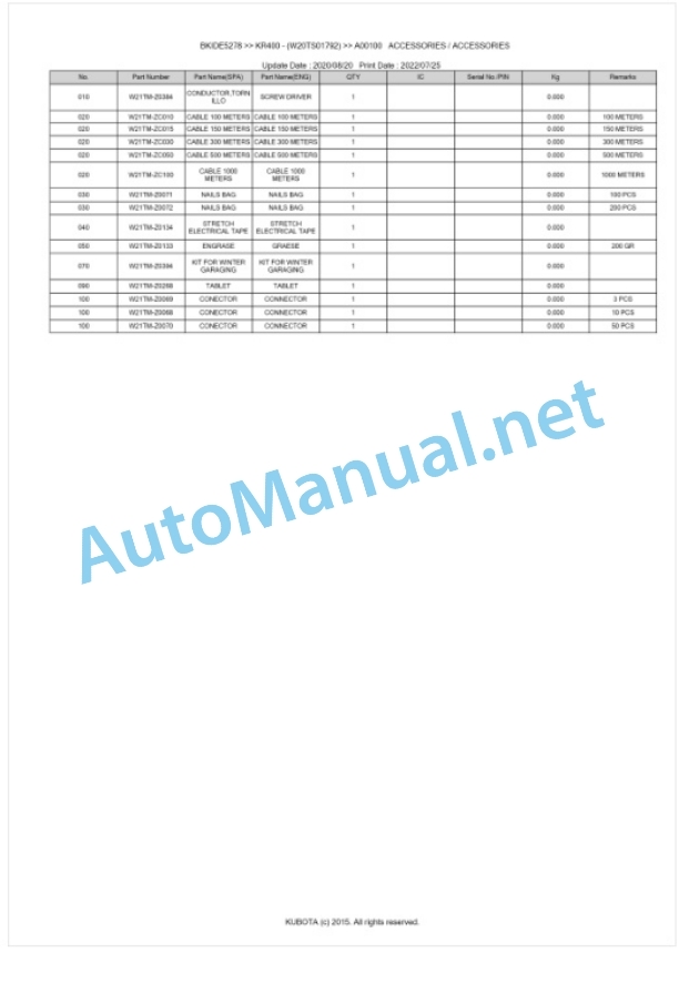 Kubota KR400 Parts Manual PDF BKIDE5278-2