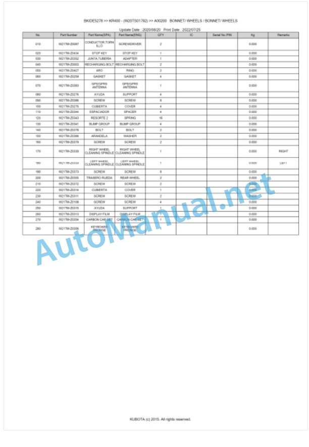 Kubota KR400 Parts Manual PDF BKIDE5278-3