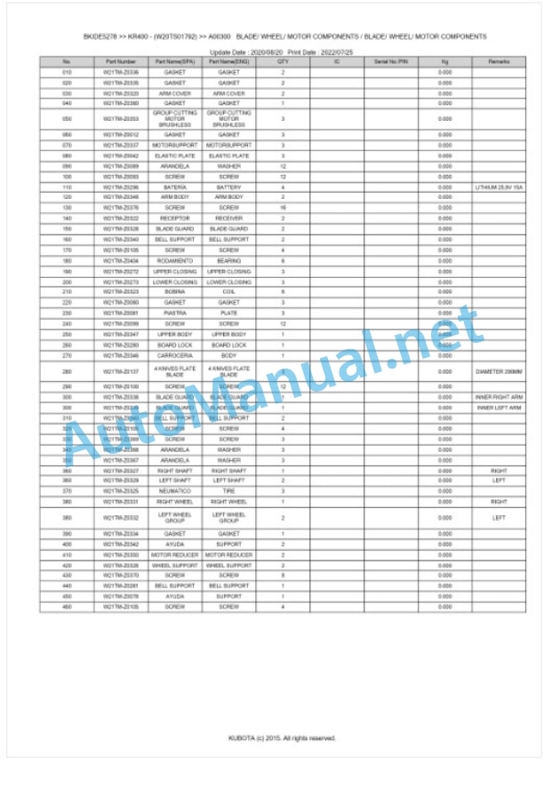 Kubota KR400 Parts Manual PDF BKIDE5278-4