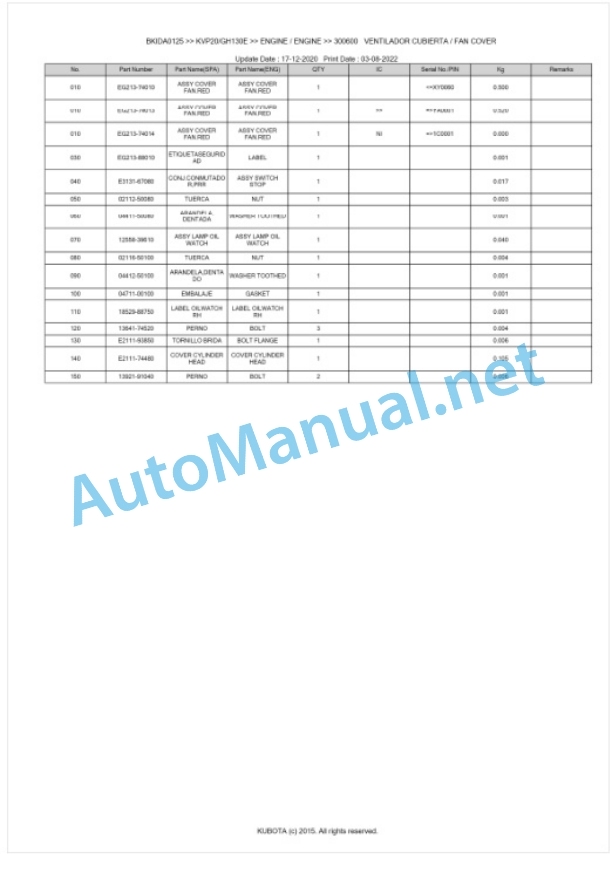 Kubota KVP20, GH130E Parts Manual PDF BKIDA0125-4