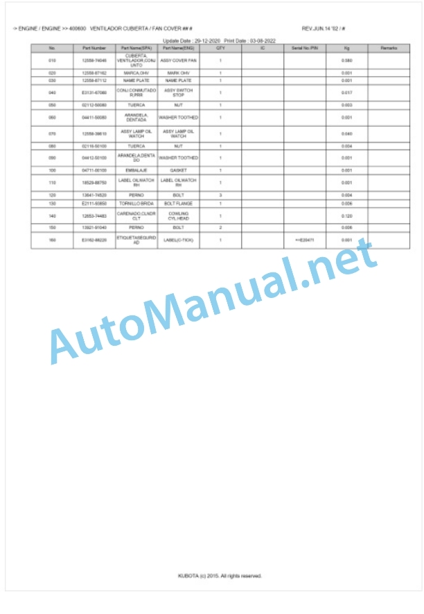 Kubota KVP20S-CAN Parts Manual PDF BKIDA0140-2