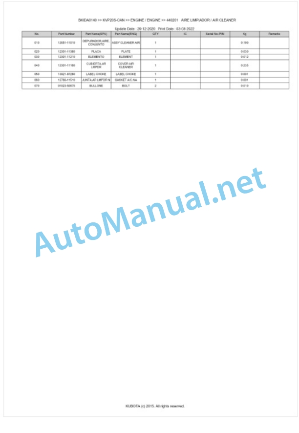 Kubota KVP20S-CAN Parts Manual PDF BKIDA0140-5