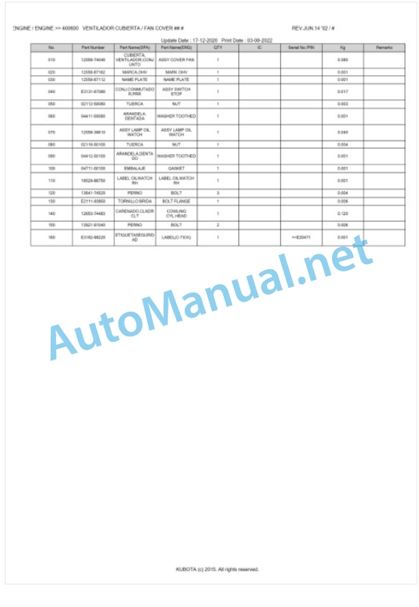 Kubota KVP20S Parts Manual PDF BKIDA0139-2