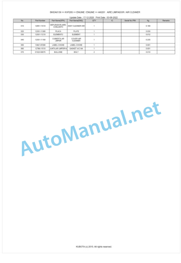 Kubota KVP20S Parts Manual PDF BKIDA0139-5