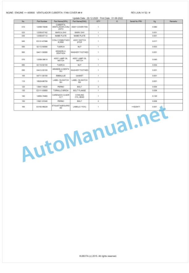 Kubota KVP30 Parts Manual PDF BKIDA0141-2