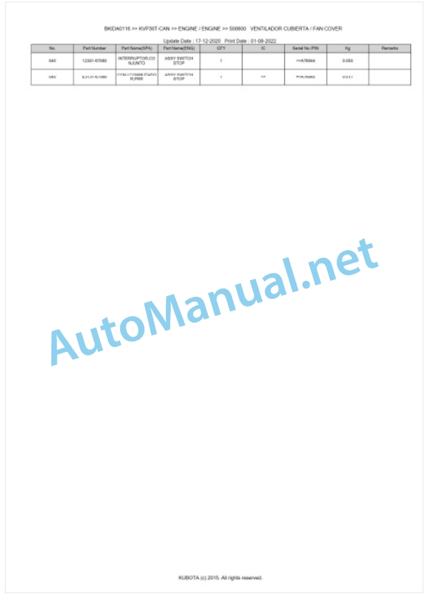 Kubota KVP30T-CAN Parts Manual PDF BKIDA0116-2