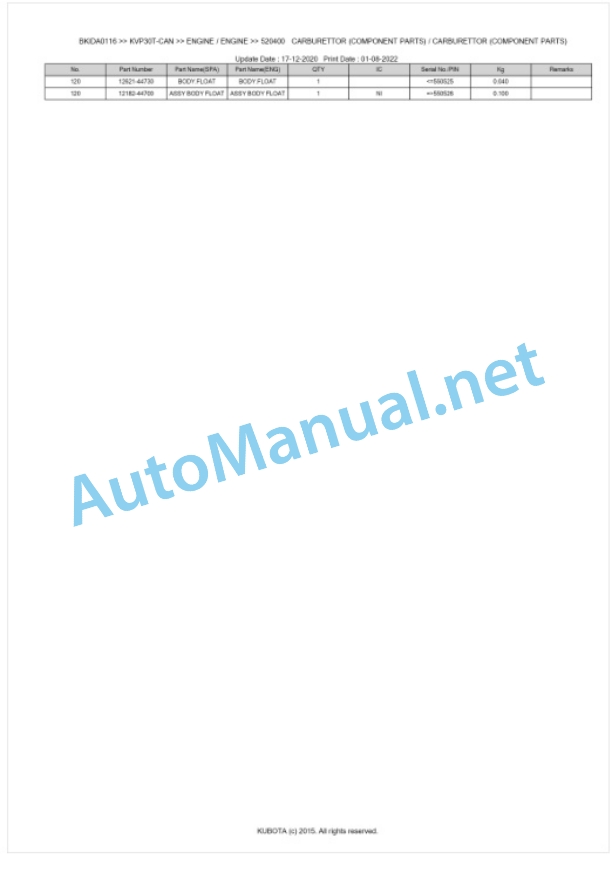 Kubota KVP30T-CAN Parts Manual PDF BKIDA0116-4