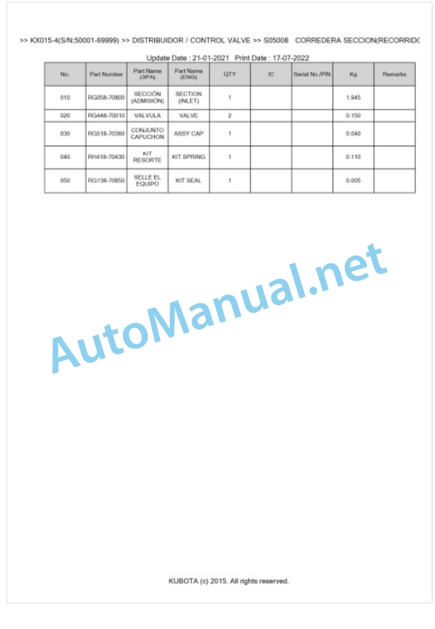 Kubota KX015-4 Parts Manual PDF BKIDA5044-3