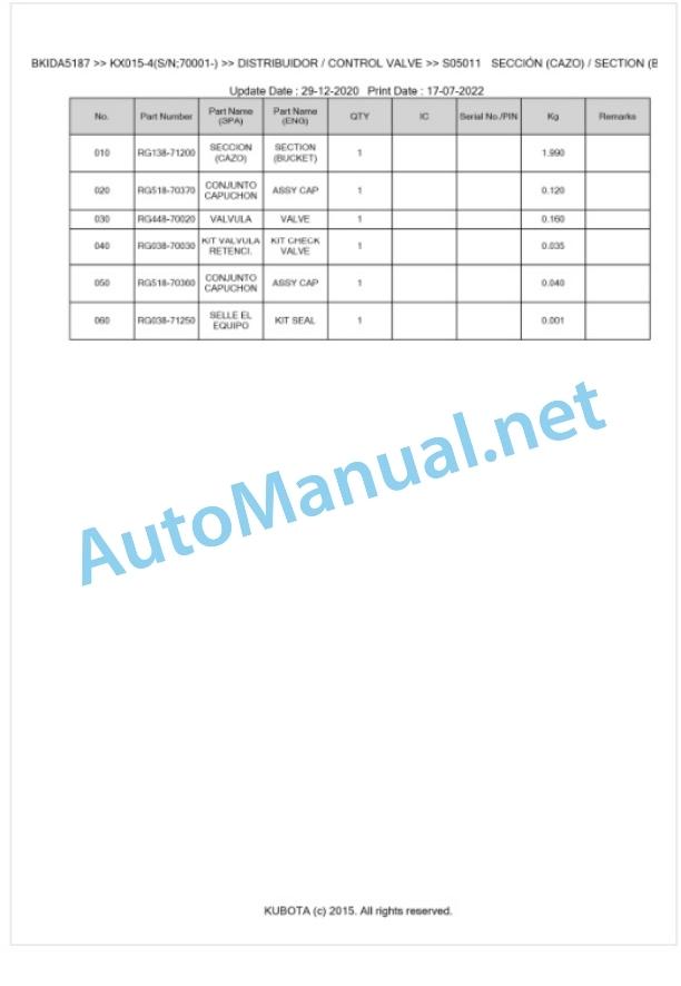 Kubota KX015-4 Parts Manual PDF BKIDA5187-3