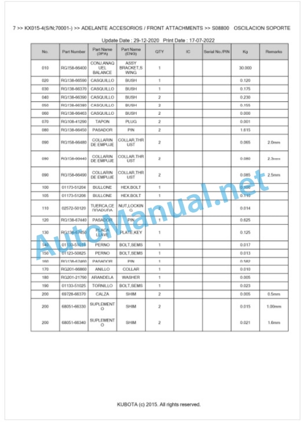 Kubota KX015-4 Parts Manual PDF BKIDA5187-4