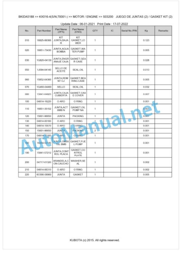 Kubota KX016-4 Parts Manual PDF BKIDA5188-2