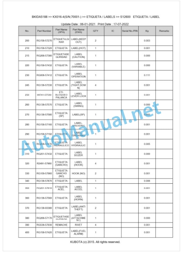 Kubota KX016-4 Parts Manual PDF BKIDA5188-5