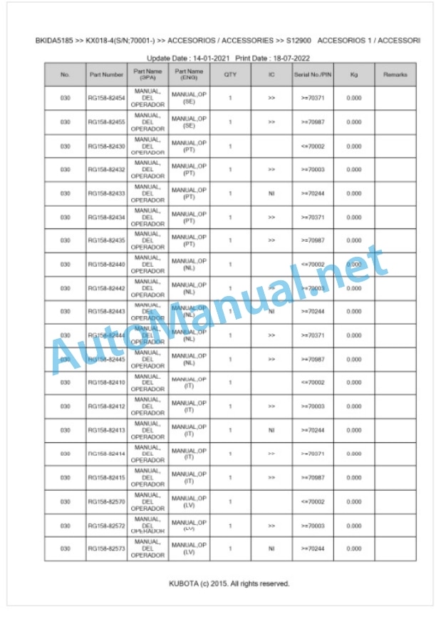 Kubota KX018-4 Parts Manual PDF BKIDA5185-5