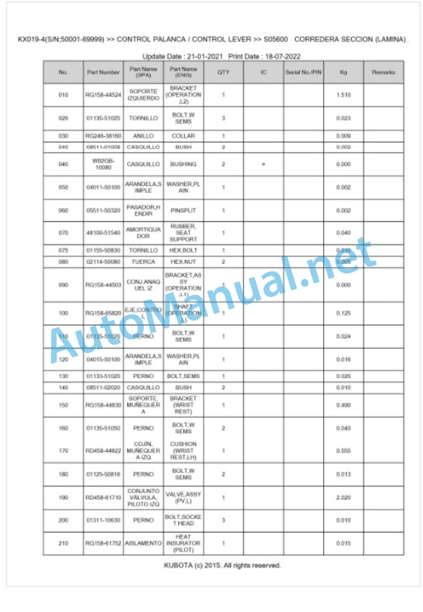 Kubota KX019-4 Parts Manual PDF BKIDA5047-3