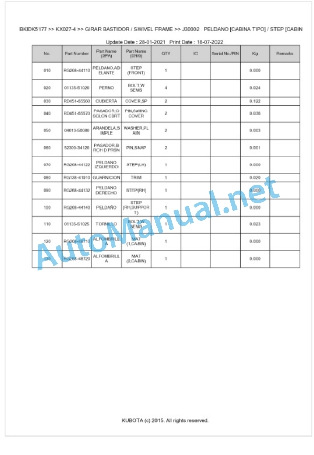 Kubota KX027-4 Parts Manual PDF BKIDK5177-4