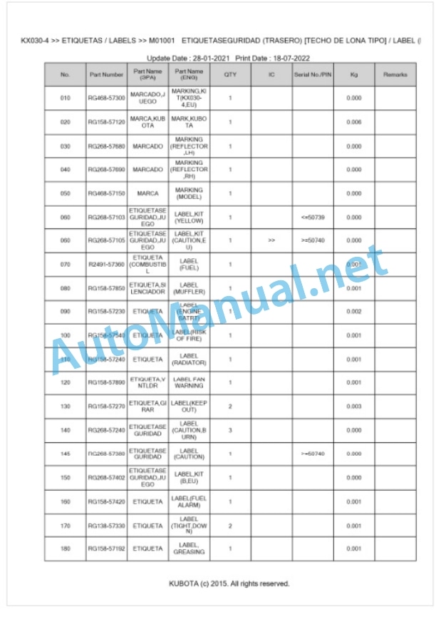 Kubota KX030-4 Parts Manual PDF BKIDK5228-5