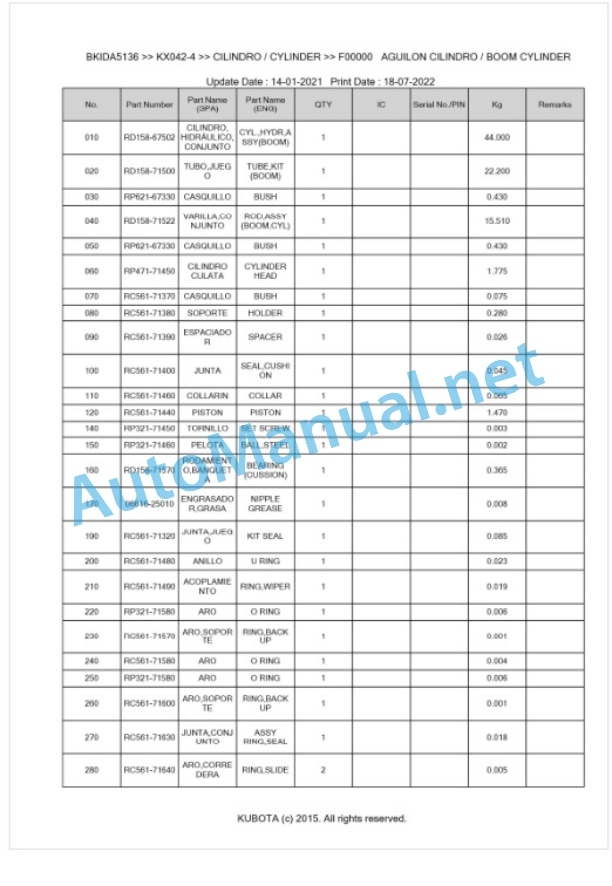 Kubota KX042-4 Parts Manual PDF BKIDA5136-4