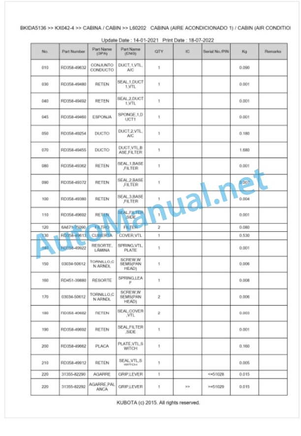 Kubota KX042-4 Parts Manual PDF BKIDA5136-5