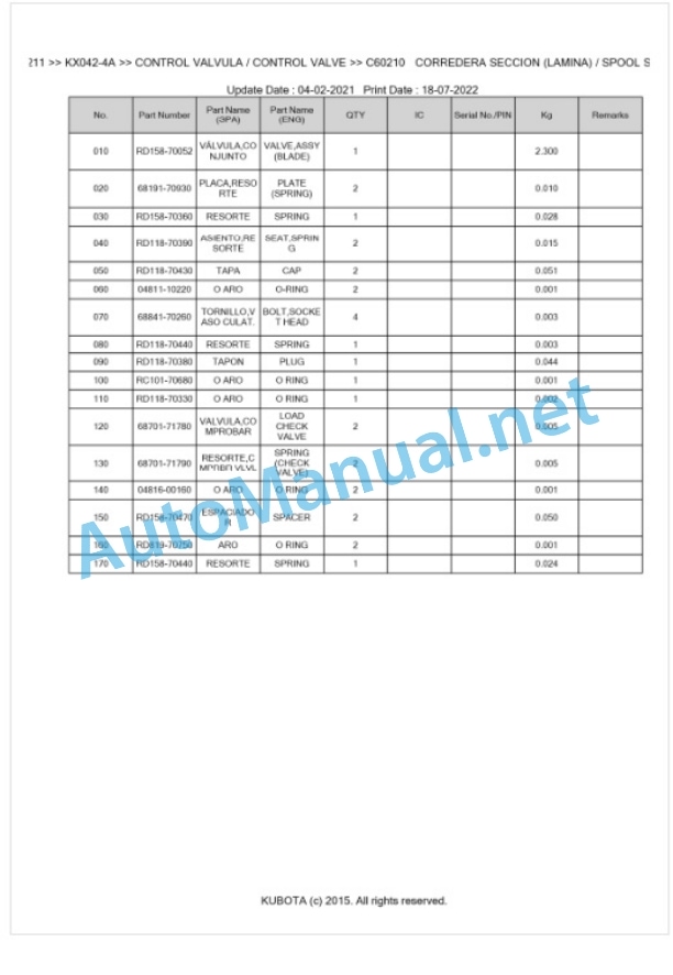 Kubota KX042-4a Parts Manual PDF BKIDA5211-3