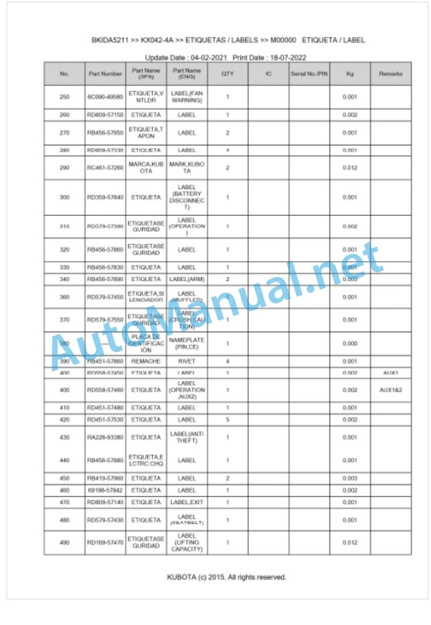 Kubota KX042-4a Parts Manual PDF BKIDA5211-5