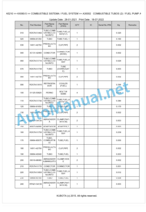 Kubota KX060-5 Parts Manual PDF BKIDA5210-2