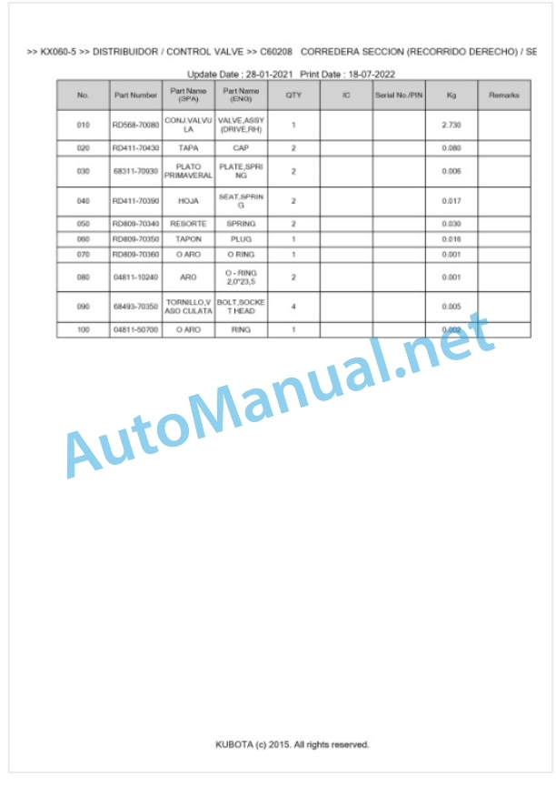 Kubota KX060-5 Parts Manual PDF BKIDA5210-3