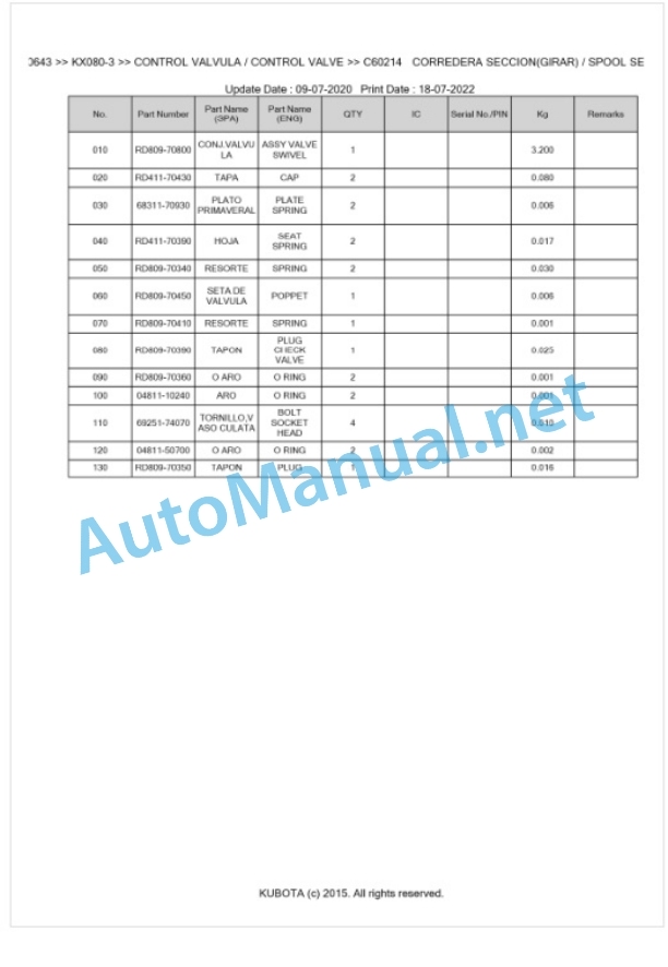 Kubota KX080-3 Parts Manual PDF BIKIDK0643-3