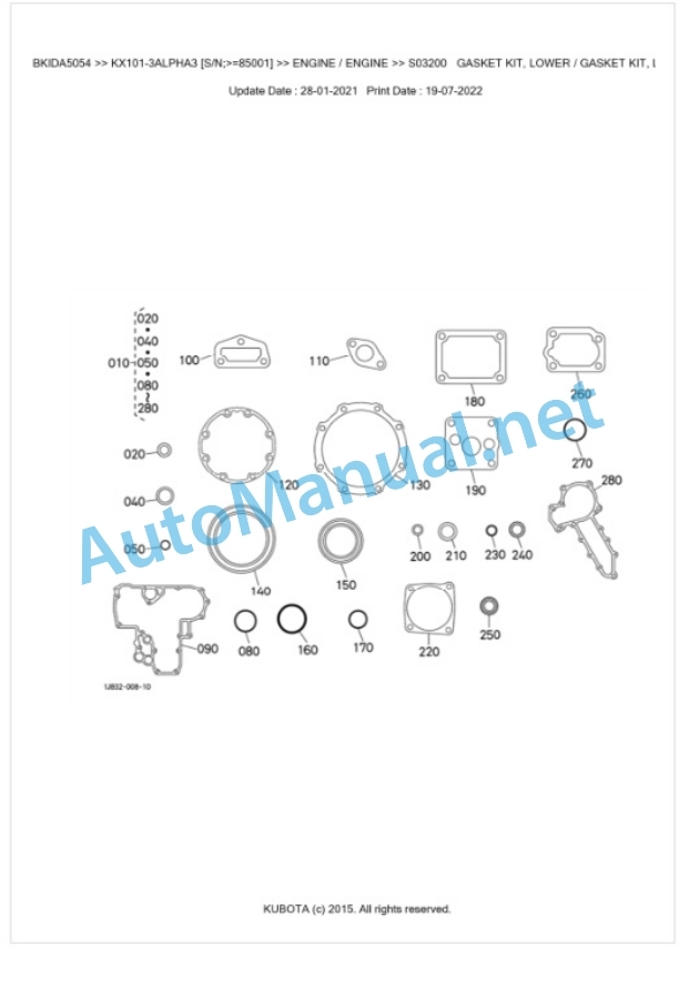 Kubota KX101-3ALPHA3 Parts Manual PDF BKIDA5054-2